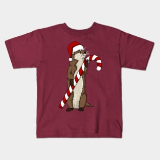 Christmas otter holding a candy cane Kids T-Shirt